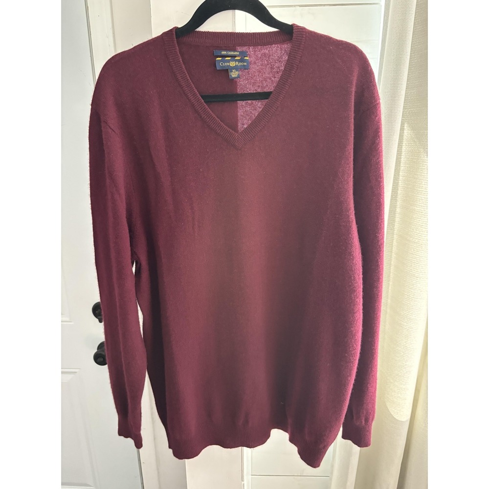 Club Room Sweater Mens XL Red 100% Cashmere V Neck Knit Pullover Long Sleeve‎
